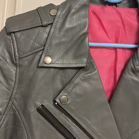 NWT Calf Leather Biker Jacket Dark Grey with Hot Pink stain lining! Size L! - Picture 6 of 12